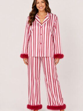 NEW Linea Donatella Gift Wrapper Pajama Set Feather Trim L